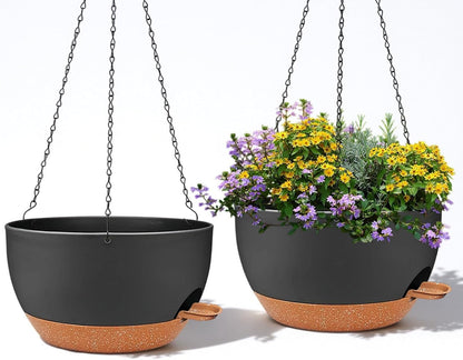 2 Pack 12 Inch Large Hanging Planters with Chains Self Watering Black Brown Plastic Hanging Pots for Indoor Outdoor Plants, Garden Porch Home Decor，Black Brown