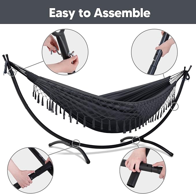 SUNCREAT Portable Outdoor Hammock with Stand Included, Double Hammock with Tassel for Outside, Dark Gray