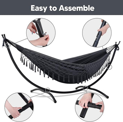 SUNCREAT Portable Outdoor Hammock with Stand Included, Double Hammock with Tassel for Outside, Dark Gray
