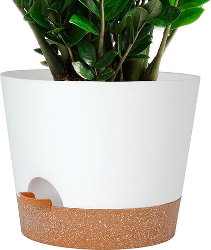 12inch Large Self Watering Plant Pot, Plastic Cylinder Planter with 60Oz Deep Reservoir and Saucer for Indoor Outdoor Plants Flowers Houseplants, White with Brown