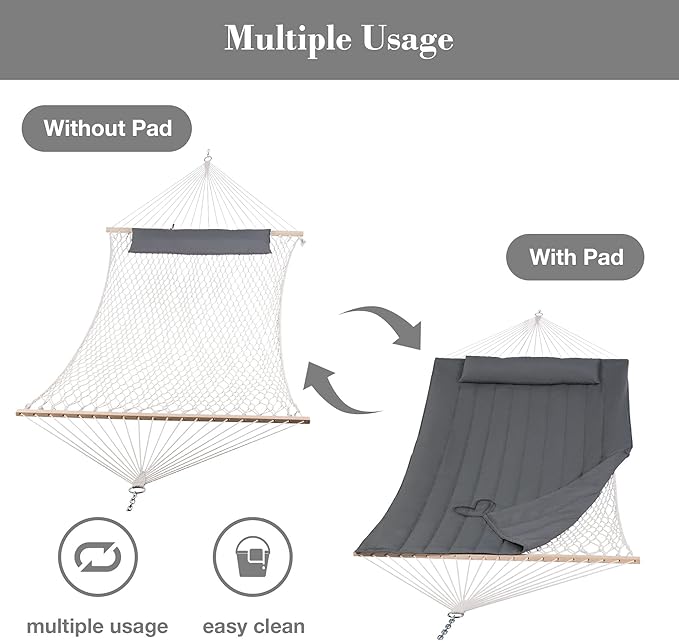 SUNCREAT Hammocks 2 Person Hammock with Hardwood Spreader Bar, Double Rope Hammock with Polyester Pad, Dark Gray