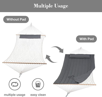 SUNCREAT Hammocks 2 Person Hammock with Hardwood Spreader Bar, Double Rope Hammock with Polyester Pad, Dark Gray