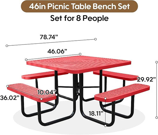 46" Square Picnic Table for Outside,Heavy Duty Metal Picnic Table Bench Set with 2in Umbrella Hole, 1600 lb Capacity,Commercial Dining Table Furniture for Garden Yard Patio Party Coffee Shop