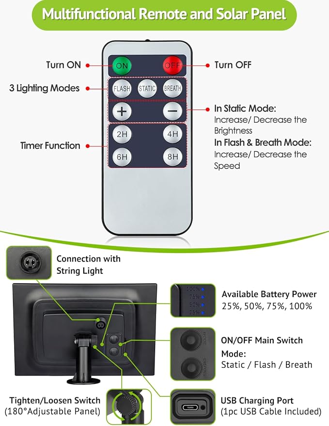 96FT(2x48FT) Solar Outdoor String Lights with Remote & Timer, Waterproof Dimmable Patio Lights with 30+2 ST38 LED Bulbs for Garden Deck-White