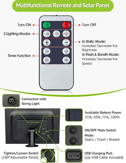 96FT(2x48FT) Solar Outdoor String Lights with Remote & Timer, Waterproof Dimmable Patio Lights with 30+2 ST38 LED Bulbs for Garden Deck-White