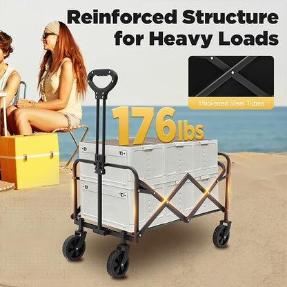 Collapsible Folding Wagon Garden Cart, 31" 176 LBS Capacity Beach Wagon with 5" Rubber Wheels, Adjustable Handle and 2 Cup Holders, Utility Wagons Carts for Grocery Camping Sports Shopping Garden