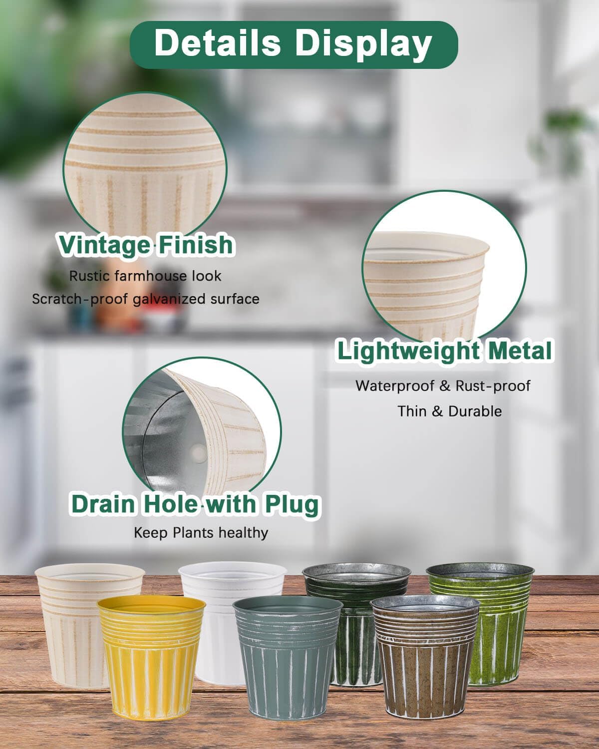 vensovo 6 Inch Beige Metal Rustic Flower Pots - 6Pcs Galvanized Planters with Drainage Hole and Rubber Plug, Rustproof Metal Bucket Plant Pots Farmhouse Vintage Style for Decor