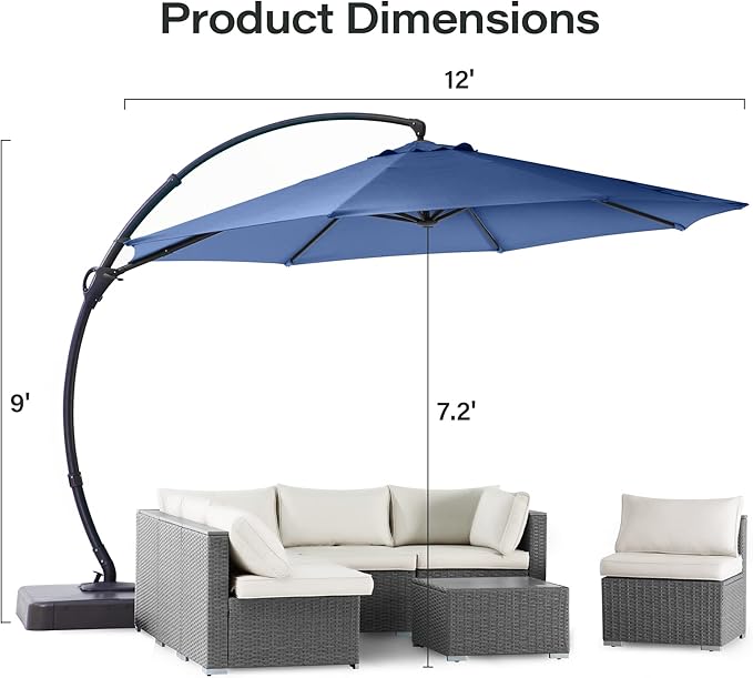 LAUSAINT HOME Outdoor Patio Umbrella with Base included, 12 FT Deluxe Curvy Cantilever Umbrella Offset Hanging umbrella with 360° Rotation for Market, Pool, Garden, Backyard, Deck (Navy Blue, 12 FT)