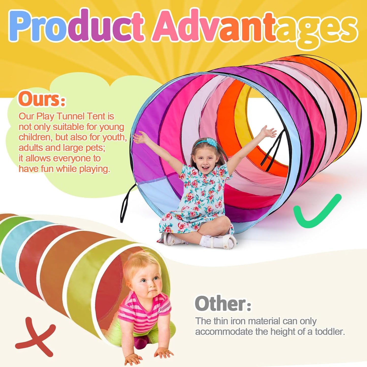 27.6 Inch Large Play Tunnel for Kids Pop Up Play Tunnel Tent Colorful Crawl Tunnel for Toddlers Babies Children or Dogs, Collapsible Gift for Boy Girl Tunnel Toys Indoor Outdoor (2 Pcs)