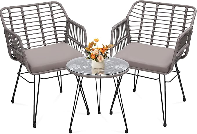 3 Piece Wicker Patio Bistro Furniture Set, Includes 2 Rattan Chairs and Glass Top Table, Ideal for Porch, Outdoor, Backyard, Apartment, Balcony, Grey
