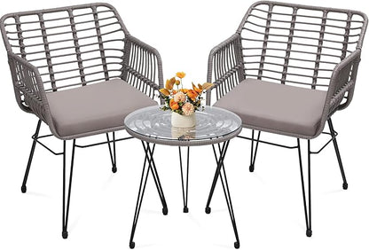 3 Piece Wicker Patio Bistro Furniture Set, Includes 2 Rattan Chairs and Glass Top Table, Ideal for Porch, Outdoor, Backyard, Apartment, Balcony, Grey