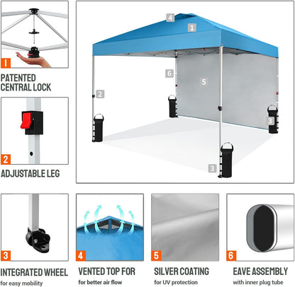 CROWN SHADES 10x10 Pop Up Canopy with 1 Side Wall - Beach Tent with One Push Setup - Outdoor Sun Shade for Events, Parties, Camping - Gazebo with STO-N-Go Cover Bag (Sky Blue)