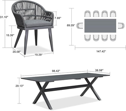 PURPLE LEAF 11 Pieces Patio Dining Set with Outdoor Aluminium Dining Table and Woven Rattan Chairs Modern Metal Furniture Cushions Sets for Garden Yard Indoor Decor Kitchen Grey
