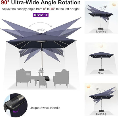 PURPLE LEAF 9' X 12' Left-right Tilting Patio Umbrella Outdoor Swivel Cantilever Umbrella Aluminum Offset Umbrella with Champagne Frame and 360-degree Rotation for Garden Deck Pool, Navy Blue