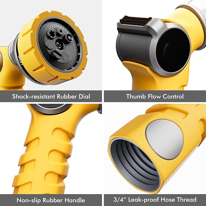 RESTMO Heavy Duty Hose Nozzle, Metal Garden Water Hose Sprayer with 7 Watering Patterns, Thumb Control, On Off Valve, High Pressure Nozzle Sprayer for Watering Plants, Car and Pet Washing, Yellow
