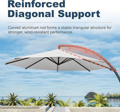 12FT Cantilever Umbrella with Base Large Curvy Outdoor Aluminum Offset Umbrella w/ 360° Rotation, UV Resistant Canopy for Patio, Garden, Backyard, Light Gray