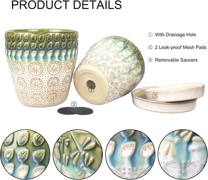 6 Inch + 5 Inch Ceramic Planter with Drainage Hole and Saucer for Plants, Indoor-Outdoor Round Succulent Orchid Garden Flower Pot - Set of 2