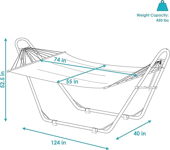 Sunnydaze Double Quilted Fabric Hammock with Universal Steel Stand - 450-Pound Capacity - Black Stand - Catalina Beach