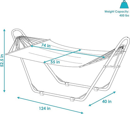 Sunnydaze Double Quilted Fabric Hammock with Universal Steel Stand - 450-Pound Capacity - Black Stand - Catalina Beach