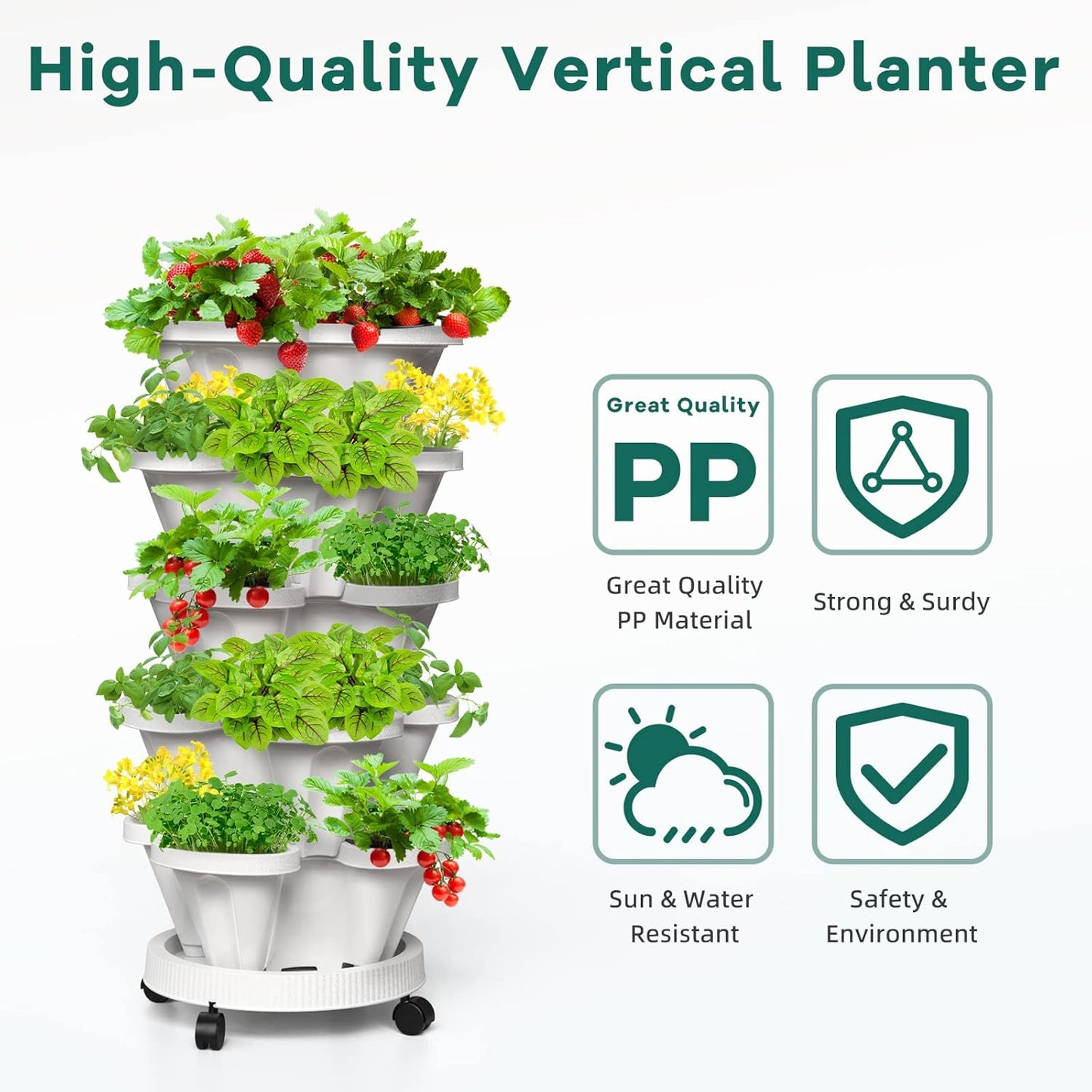Strawberry Vertical Planter, 5 Tiered Stacking Garden Tower, Stackable Herb Vegetable Planters with Support Pole Indoor and Outdoor - Black