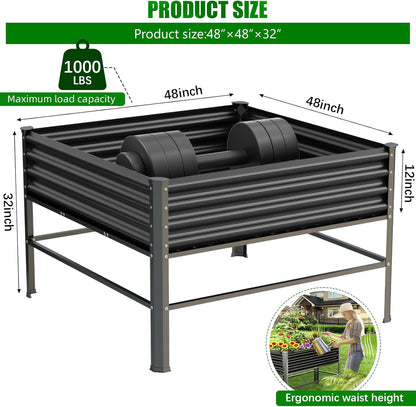 Raised Garden Bed with Legs, 48×48×32in Large Metal Elevated Raised Planter Box,1000lb Capacity with Drainage Holes for Vegetables Lawn Green Flowers, Fruits, Terrace