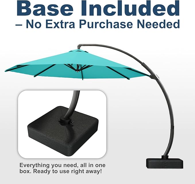 12FT Cantilever Umbrella with Base Large Curvy Outdoor Aluminum Offset Umbrella w/ 360° Rotation, UV Resistant Canopy for Patio, Garden, Backyard, Aqua Blue