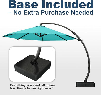 12FT Cantilever Umbrella with Base Large Curvy Outdoor Aluminum Offset Umbrella w/ 360° Rotation, UV Resistant Canopy for Patio, Garden, Backyard, Aqua Blue