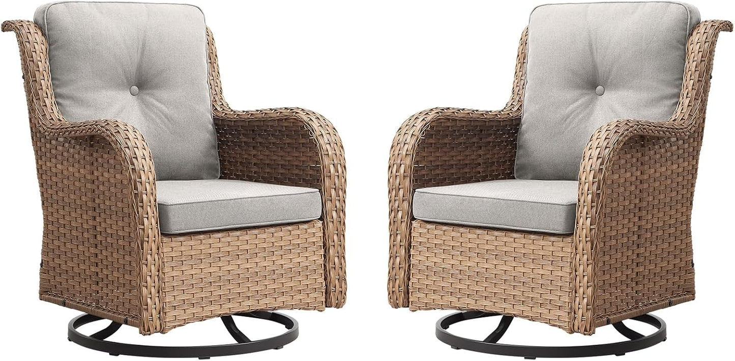 Outdoor Patio Swivel Rocker Chairs - Wicker Rattan Patio Swivel Rocking Chairs Set of 2 with High Back,Deep Seating and Comfort Cushions for Deck Porch Garden,Yellow/Beige