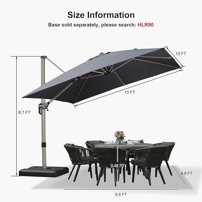 PURPLE LEAF 10' X 10' Patio Umbrella Outdoor Cantilever Umbrella, Aluminum Offset Umbrella with Champagne Frame and 360° Rotation for Pool Deck Garden, Grey