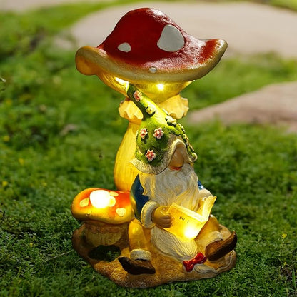 Solar Garden Outdoor Statues Gnome Reading Under Mushroom with 5 LED Solar Figurine for Lawn,Patio,Balcony,Yard Decor Unique Housewarming Gift for Grandfather, Father,Grandma,Wen