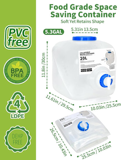 2 Pack 5.3 Gallon Collapsible Water Container Camping Water Container with Spigot,Portable Collapsible Water Jug Water Storage Containers for Outdoors Traveling Emergency,1 Extra Spigot Provided