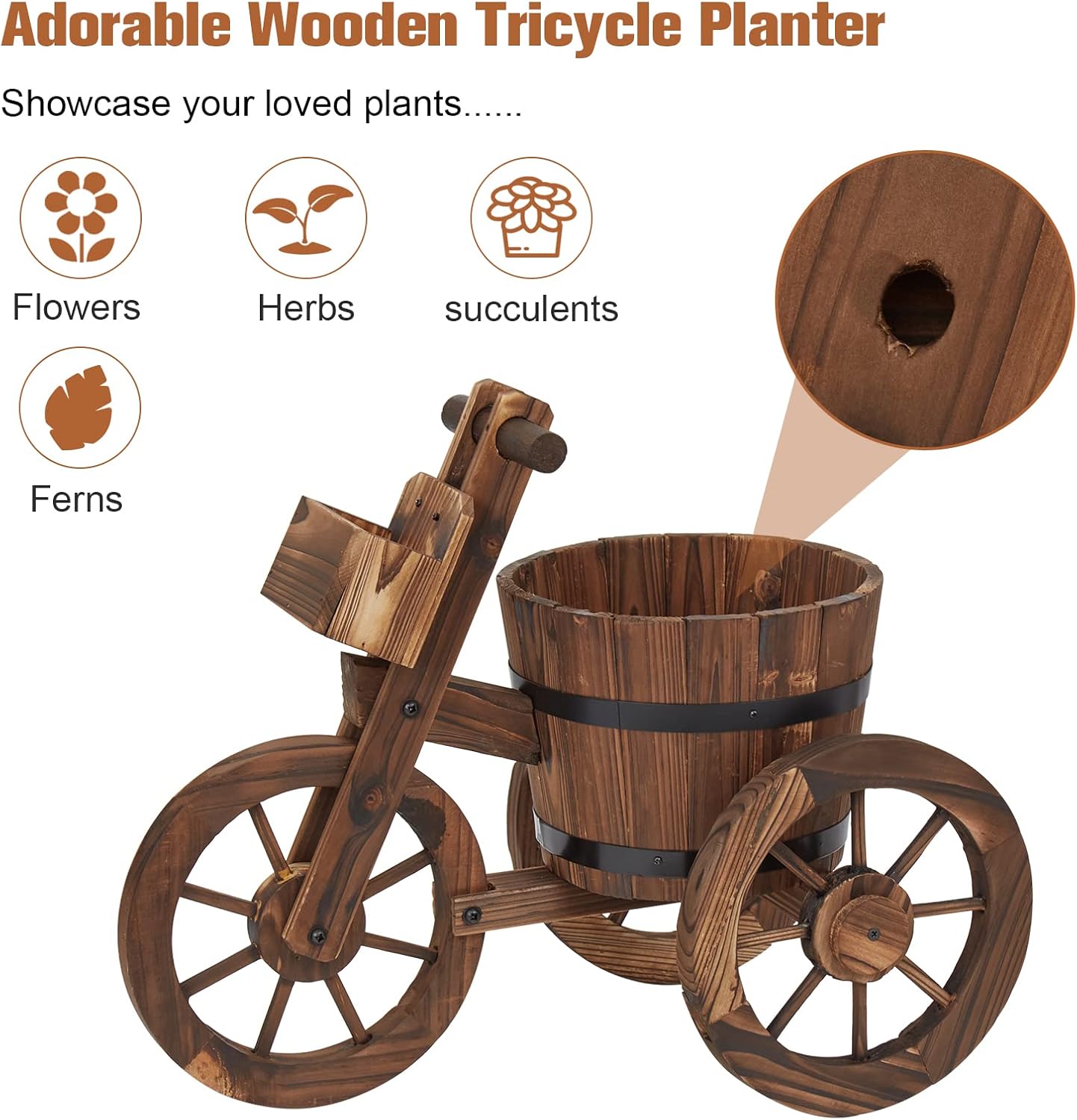 kinbor Outdoor Planters - Rustic Barrel Planter, Wooden Wagon Tricycle Planters for Outdoor Plants