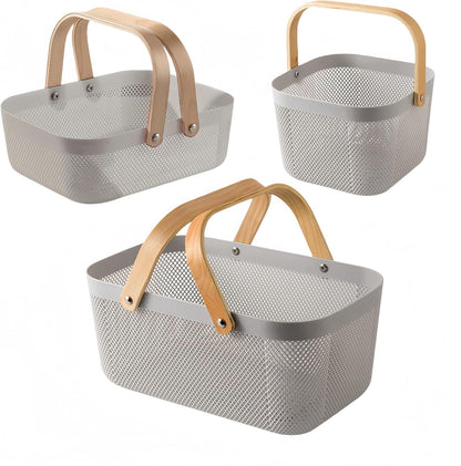 3pcs plastic harvest baskets, foldable wooden handles, rectangular garden storage baskets, for picking and collecting vegetables and fruits in the garden cabinet (Gray)