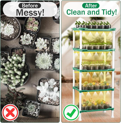 Seed Starter Tray Unit, 5-Tier Plant Stand with 4 LED Grow Lights & 90 Pack 2.5 Inch Clear Nursery Pots – for Indoor Gardening, Herb, Seedling Kits & Small Greenery