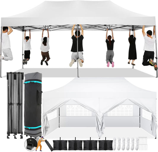 COBIZI 10x20 Pop Up Canopy with 6 Sidewall,Heavy Duty Canopy UPF 50+ All Season Wind Waterproof Commercial Outdoor Wedding Party Tents for Parties Canopy Gazebo with Roller Bag(10 x 20 ft White)