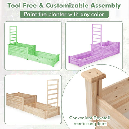 HAPPYGRILL Raised Garden Bed with Trellis, Wood Garden Box w/Open Base Design & 2 Compartments, Outdoor Wooden Planter Box Kit for Vine Climbing, Fruits, Vegetables, Flowers, Herbs, 88" x 25" x 53"
