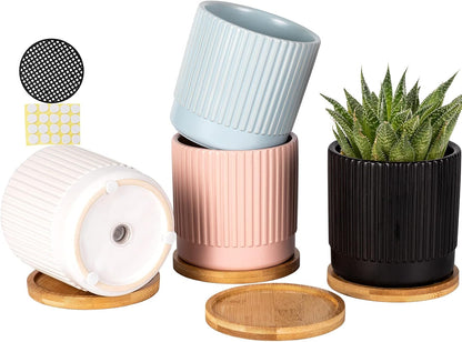 AOMRYOM 4.25 Inch Ceramic Plant Pots with Drainage Holes and Trays, Small Flower Planters Home Decor for Indoor Plants, Succulents, Cactus, Herbs, Multi-Color Stripe, 4 Packs (Plant Not Included)