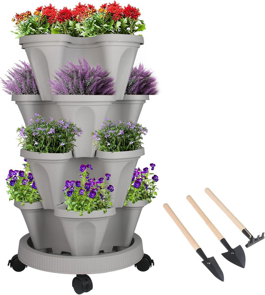 Vertical Planter 4 Tier Stackable Planters Garden Planters Strawberry Herb Flower and Vegetable Planter Indoor Outdoor Gardening Pots with Removable Wheels and Tools
