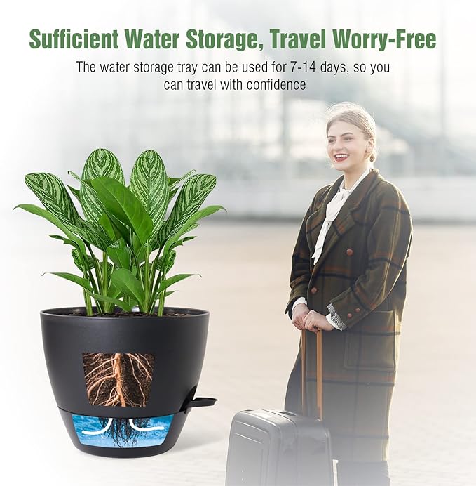 WOUSIWER 10 inch Self Watering Planters, 2 Pack Large Plastic Plant Pots with Deep Reservior and High Drainage Holes for Indoor Outdoor Plants and Flowers, Black