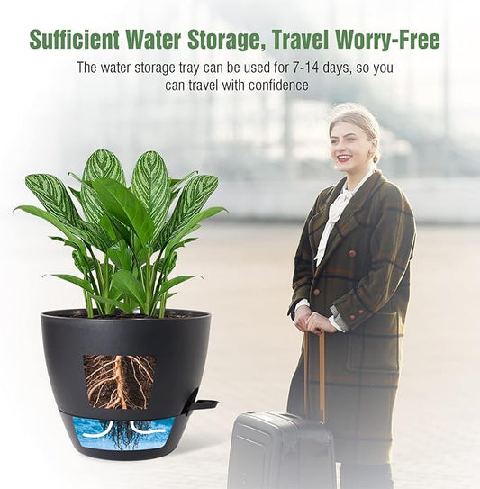 WOUSIWER 10 inch Self Watering Planters, 2 Pack Large Plastic Plant Pots with Deep Reservior and High Drainage Holes for Indoor Outdoor Plants and Flowers, Black