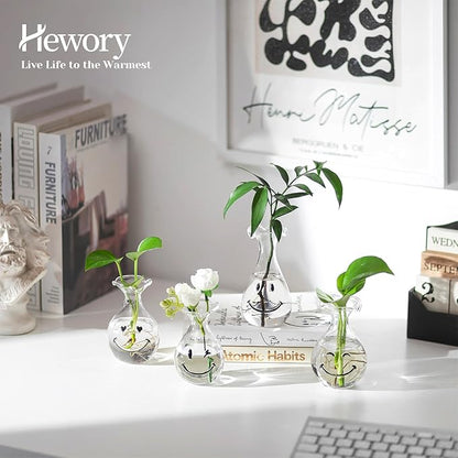 Hewory Smiley Face Glass Planter: 4 PCS Cute Propagation Stations for Hydroponic Plants Cutting Flowers - Clear Terrarium Propgation Vases Jars for Home Office Decor Plant Lover Gifts