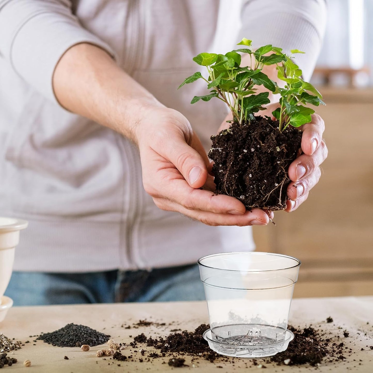 4 Inch Clear Nursery Pots, Set of 30 Transparent Plant Flower Pots for Small Indoor Plants with Drainage Holes & Trays, Plastic Seedling Starter Pots for Various Plants