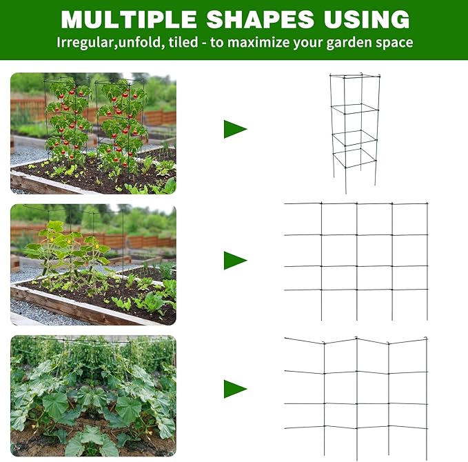6 Packs Tomato Cages for Garden, 12"×12"×39" Plant Support Cage with Different Spacing, Green Metal Trellis for Climbing Plants Like Cucumber, Flowers
