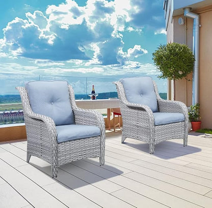 Rilyson Outdoor Patio Chairs Wicker Chair - 2PC Rattan Chairs Set with High Back and Deep Seating for Deck Porch Outside Garden(Light Grey/Sky Blue)