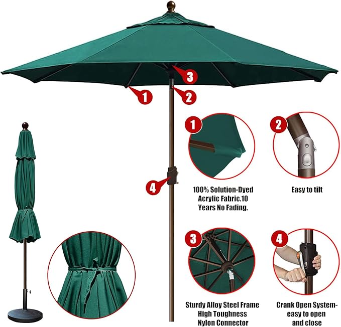 EliteShade USA 10-Year-Non-Fading 10Ft Market Umbrella Patio Umbrella Outdoor Table Umbrella with Ventilation, Forest Green