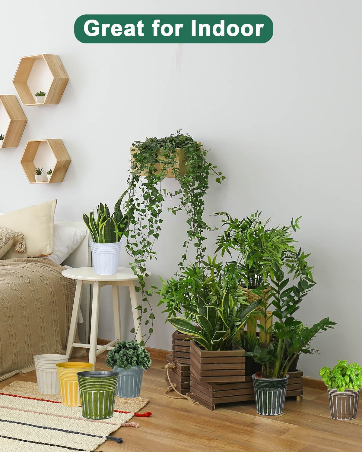 vensovo 6 Inch Beige Metal Rustic Flower Pots - 6Pcs Galvanized Planters with Drainage Hole and Rubber Plug, Rustproof Metal Bucket Plant Pots Farmhouse Vintage Style for Decor