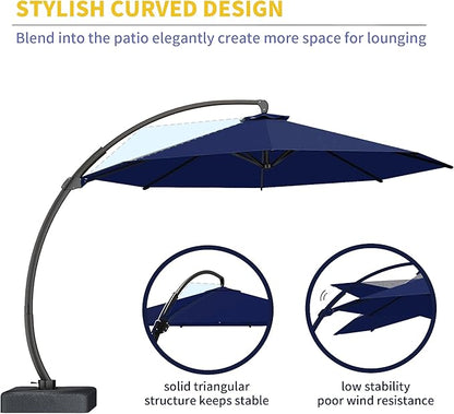 Kingdura 11ft Offset Cantilever Patio Umbrella with Base Included, Large Round Aluminum Outdoor Umbrella, 360° Rotation & Infinite Tilt, Heavy Duty Frame for Deck Pool Backyard, Navy blue
