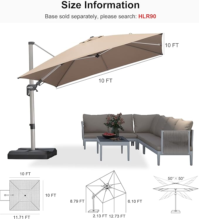 PURPLE LEAF 10' X 10' Left-right Tilting Patio Umbrella Outdoor Swivel Cantilever Umbrella Aluminum Offset Umbrella with Champagne Frame and 360-degree Rotation for Garden Deck Pool, Taupe