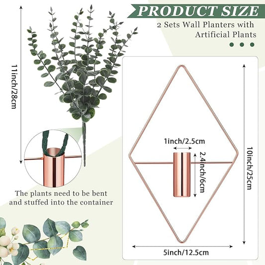 Jexine Hanging Planters with Artificial Eucalyptus Metal Hanging Vase Indoor Plants Holder Modern Geometric Boho Bathroom Wall Decor for Living Room Home Office(Rose Gold,4 Pcs)
