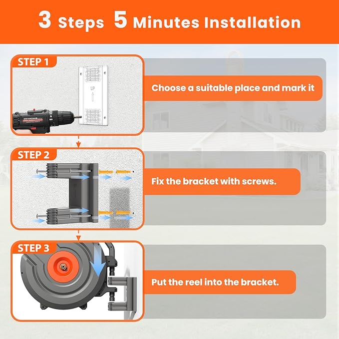 Upgraded Retractable Garden Hose Reels 130 ft X 1/2" PRO Metal Bracket 180° Swivel Any Length Lock Heavy Duty Water Hose Reels Wall Mount 9 Pattern Nozzle Garden Watering